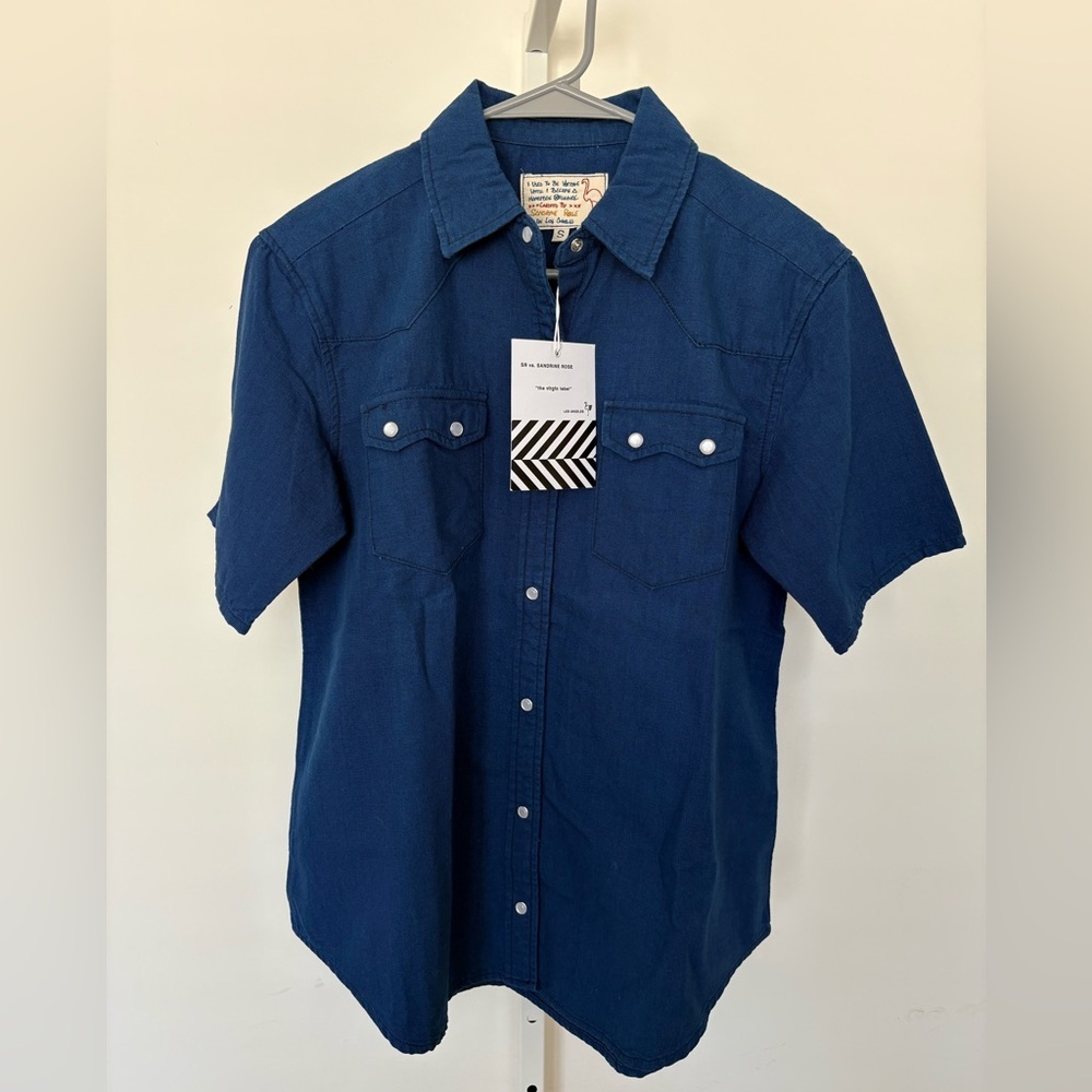 Sandrine Rose Navy Blue Short Sleeve Button Down Shirt Size S